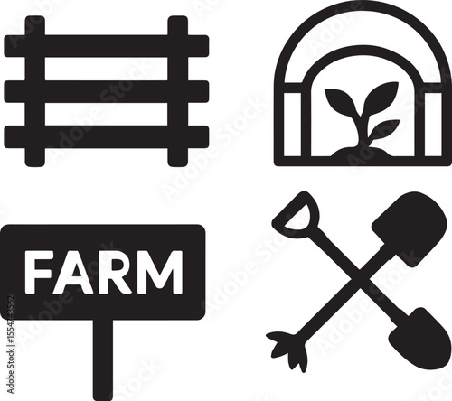 black and white silhouettes showing key farm structures and signage, such as fences, greenhouses, and garden tools, Top-Down Pivot Irrigation Field Vector, Circular Farm Irrigation System Silhouette