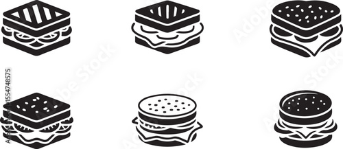Collection of six black and white isometric icons representing different types of sandwiches and burgers