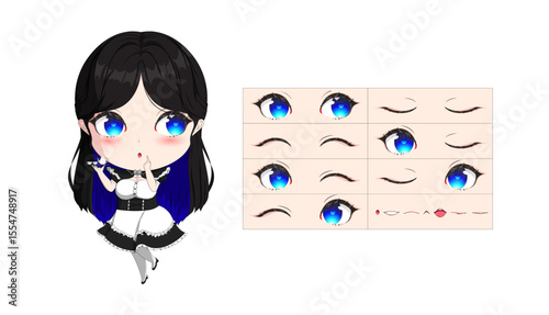 Blue eyed maid girl with skewered eyes and lips, Japanese anime Chibi style illustration
