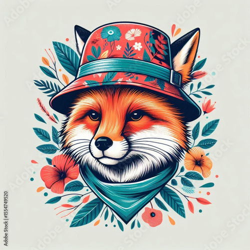 Artistic fox illustration, vibrant expression, wearing a colorful bucket hat and scarf