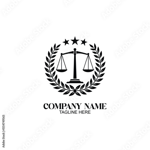 Symbol of Justice: An emblem featuring scales of justice encircled by laurel leaves and stars, embodying law, fairness, and balance, set against a clean, minimalist backdrop.
