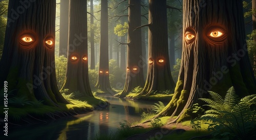An aesthetic image of a forest where all the trees have large, glowing, human-like eyes on their trunks that blink slowly.