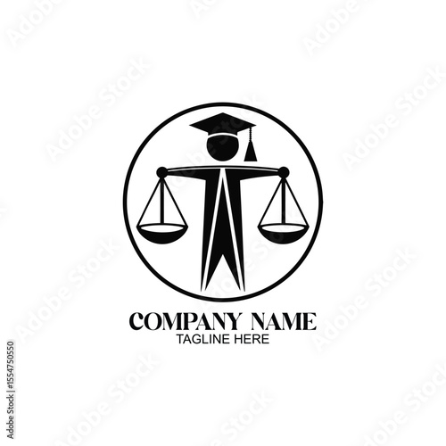 Justice and Judgment: A symbolic illustration, in monochrome, portraying a balanced scale of justice held aloft by a figure representing the law, and the cap worn by law school students.