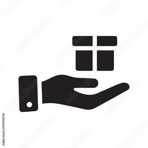 Donation gift icon with a hand giving a box representing charity sharing contribution and support through a present offering kindness and help vector solid glyph icon