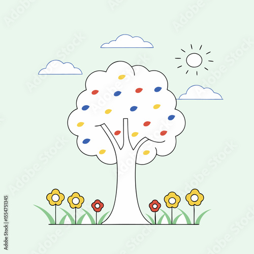 Colorful tree with vibrant leaves stands in serene landscape, surrounded by flowers and clouds