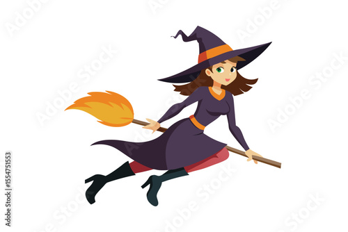 halloween witch with broom isolated on white background