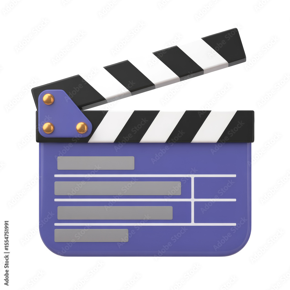 Obraz premium A purple clapperboard with black and white stripes opened on a black background in a rendered style