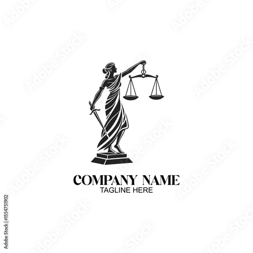 Lady Justice Logo:  A majestic statue of Lady Justice, holding scales of justice and a sword, symbolizes fairness, law, and legal proceedings.  The elegant design is perfect for legal firms, courts.