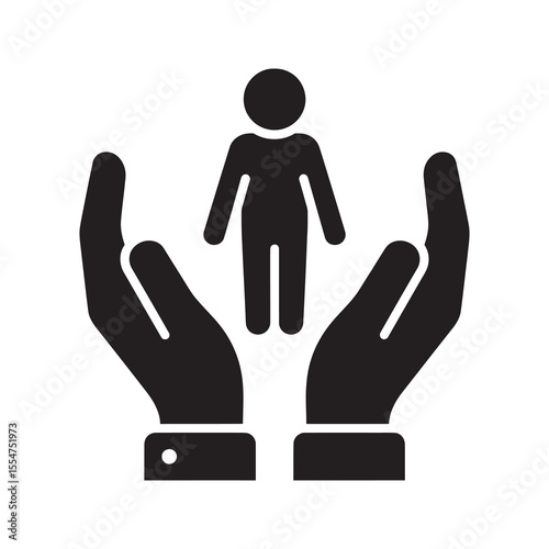 Human care and protection icon with hands covering a person symbol for life insurance safety social work community support and family welfare vector solid glyph icon