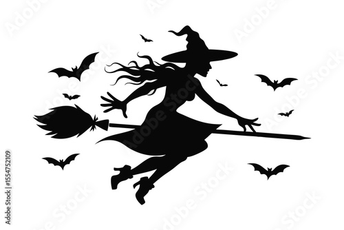 witch flying on a broomstick silhouette on white background