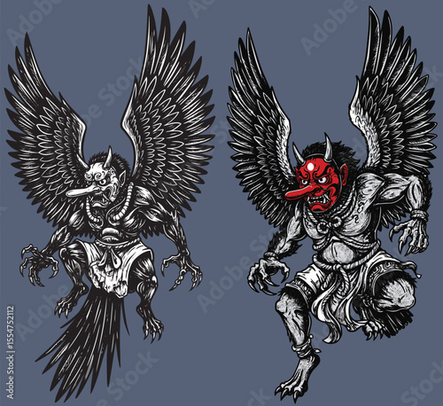 Tengu engraving artwork embodies mischief protection and spiritual ambiguity in Japanese folklore