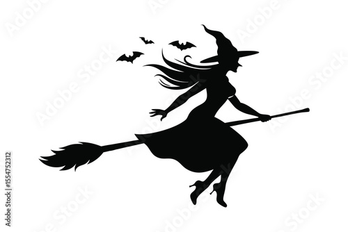 witch flying on a broomstick silhouette on white background