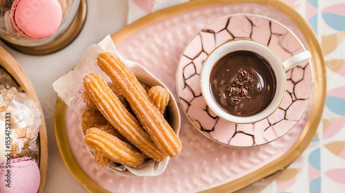 Delicious churros with hot chocolate drink.