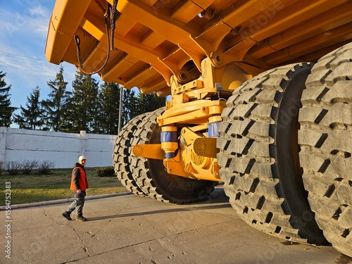 A man is walking near a large yellow truck with huge tires. The man is wearing a red jacket