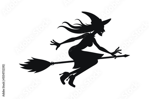 witch flying on a broomstick silhouette on white background