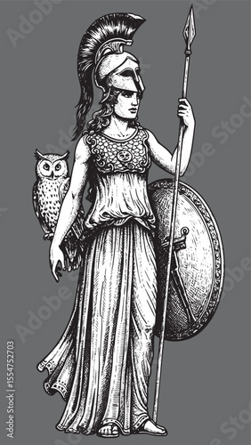 Athena engraving with owl and spear representing wisdom war and classical Greek divinity