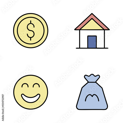 Coin house smile money bag icons currency finance