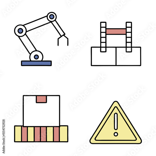 Factory icons robot arm pallet warning sign vector