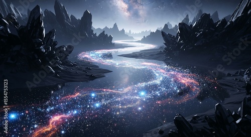 A photorealistic fantasy wallpaper of a flowing river made of liquid starlight and colorful nebulae, with crystalline rock banks.