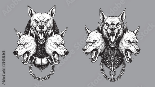 Cerberus engraving art of mythical guard dog with three heads guarding underworld