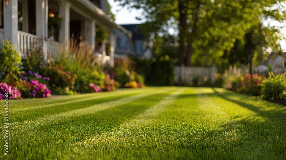 Fototapeta premium Suburban house with green lawn flowers trees and porch on a sunny day.