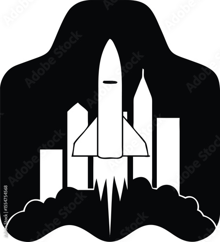 Space shuttle launching from futuristic city skyline with smoke and clouds