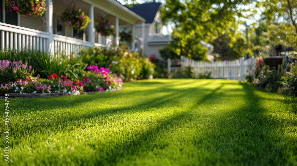 Fototapeta premium House with white porch and fence surrounded by green lawn and colorful flowers.