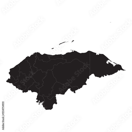 Detailed political and geographic map of Honduras with labeled departments, cities, rivers, and borders