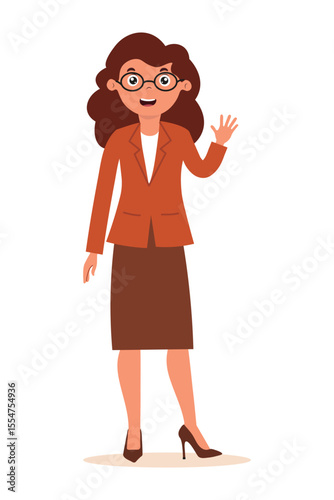 Professional woman in formal attire waving cheerfully in a friendly greeting. Flat style girl character isolated on white background.