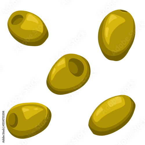 Green olives set vector illustration. Mediterranean olive fruits isolated on white background. Hand drawn simple food art for packaging, stickers, print, design