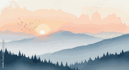  A modern watercolor painting of a mountain range bathed in the warm light of sunrise.
