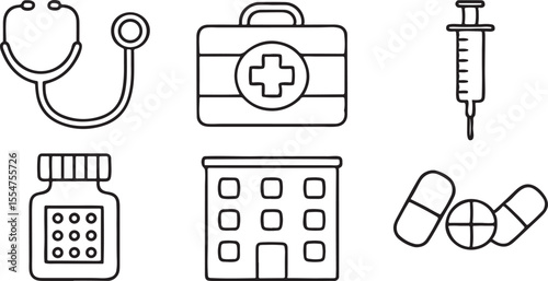 Healthcare and Medical Editable Vector Icons with Stethoscope Syringe Hospital Building First Aid Kit Pills and Thermometer