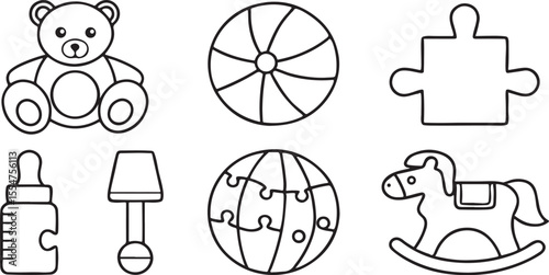 Toys and Kids Editable Vector Icons with Teddy Bear Baby Bottle Toy Blocks Puzzle Piece and Rocking Horse