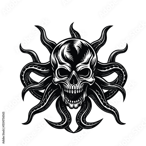 Striking Black and White Illustration of a Monster Octopus Skull with Tentacles, Nautical Gothic Tattoo Design