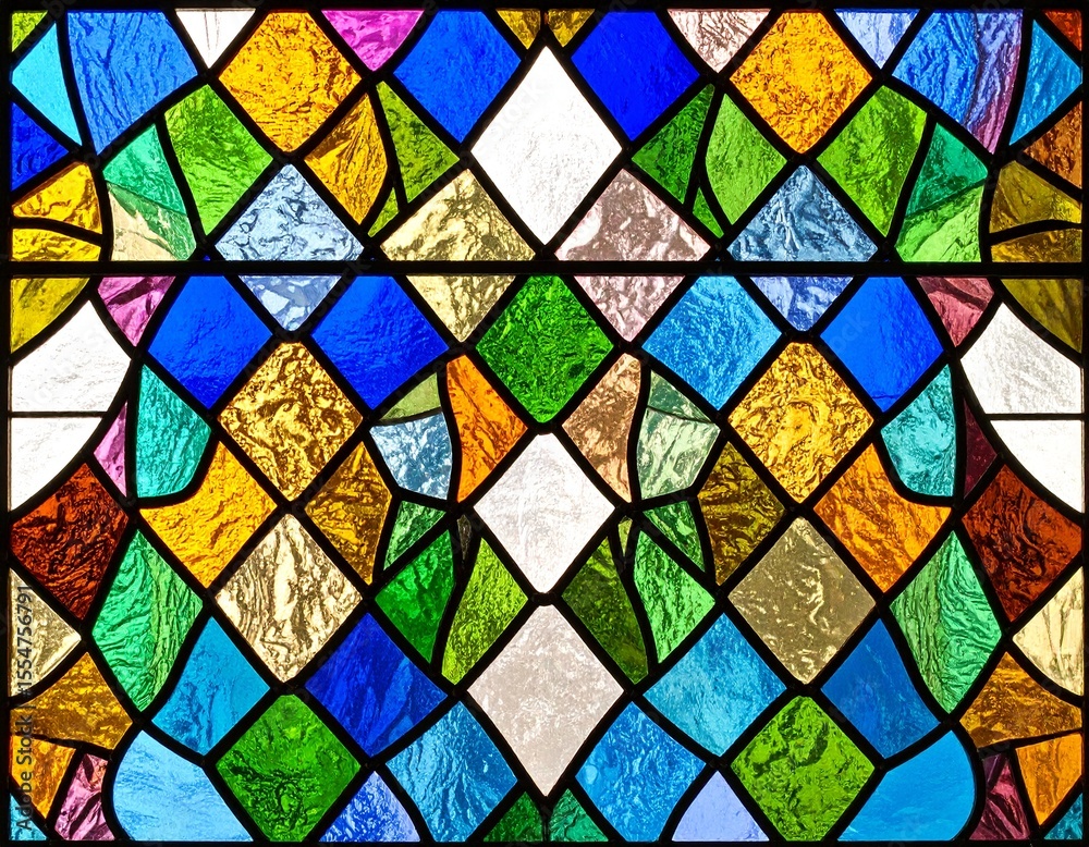 Stained glass pattern with bold color segments and lead outlines.
Stained glass pattern with bold color segments and lead outlines.