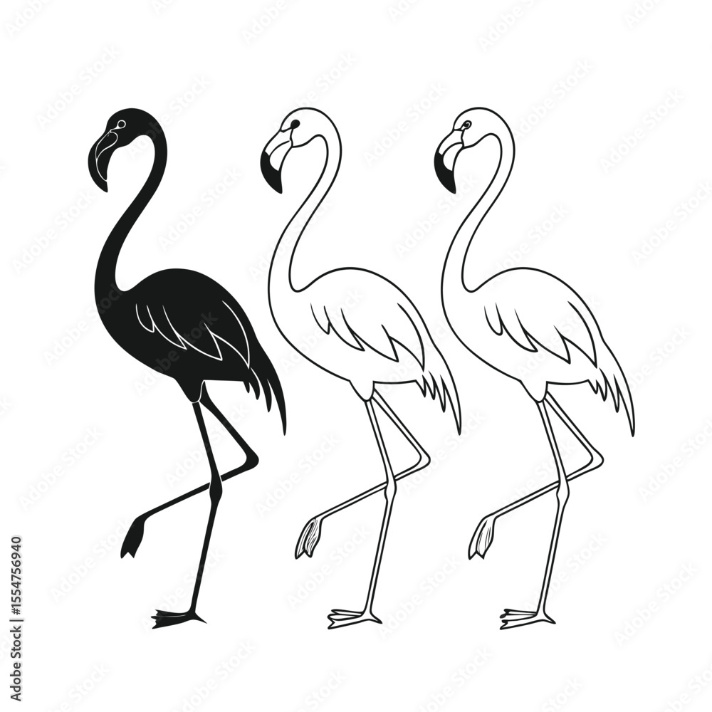 Obraz premium Three Stylized Flamingos in a Row: Black Silhouette and Outline Illustrations on White Background