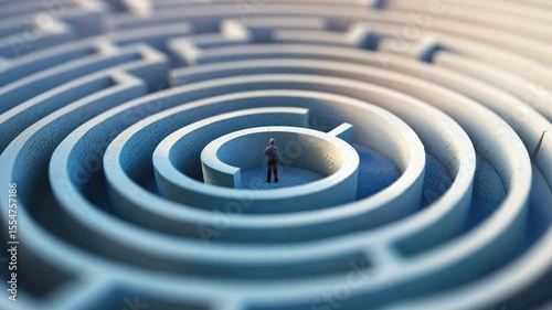 A lone figure stands in the heart of a complex maze at dusk, contemplating the best path to escape the intricate walls