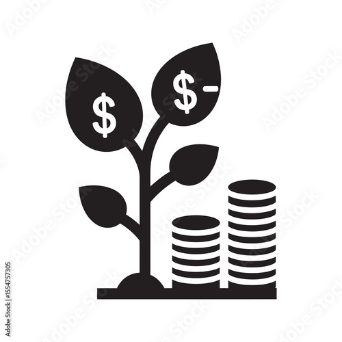 Investment growth icon with a plant growing from a stack of coins representing financial success passive income and making savings grow vector solid glyph icon