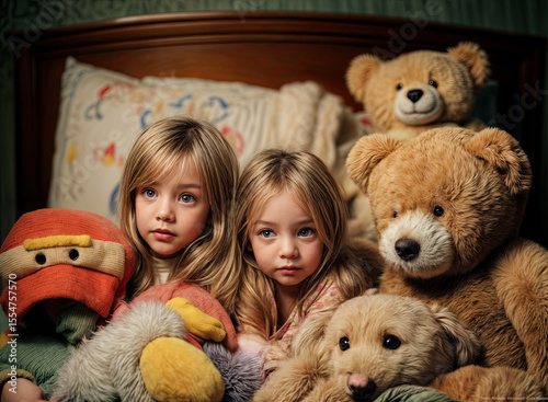  two young children sitting on a bed surrounded by plush toys, including a large teddy bear and a stuffed puppy. The children are dressed in pyjamas and appear to be posing for a photograph.