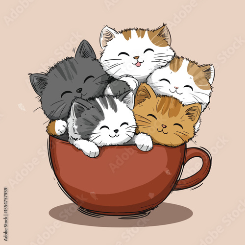 Fluffy Kittens Cuddling in a Cup