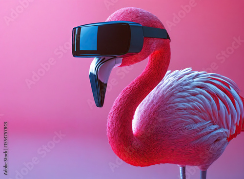 a pink flamingo wearing a VR headset with a dark screen and black frame, set against a gradient pink background.