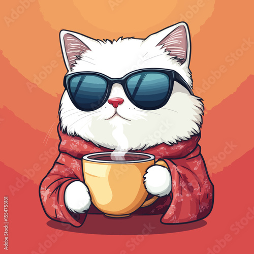 Vector Cat in Hoodie Sipping Tea