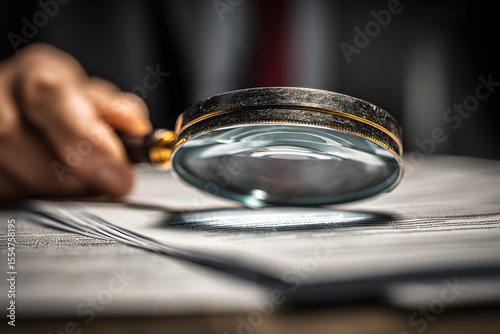 Business Auditor Examines Paperwork with Magnifying Glass for Fraud During Corporate Tax Audit