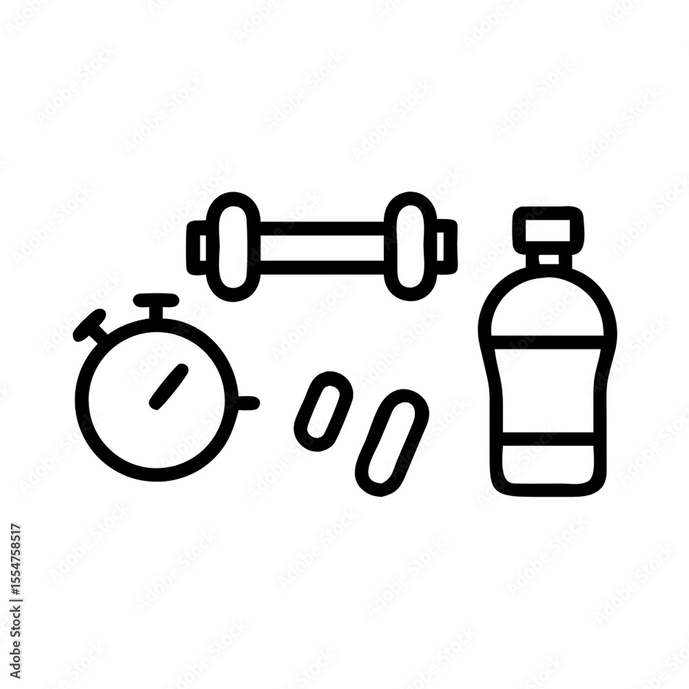 Fototapeta premium Fitness icons including dumbbell stopwatch pills and water bottle for health and wellness