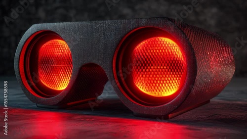 Exploration of a uniquely designed audio visual device featuring bright red glowing lights and a textured exterior, showcasing modern technology