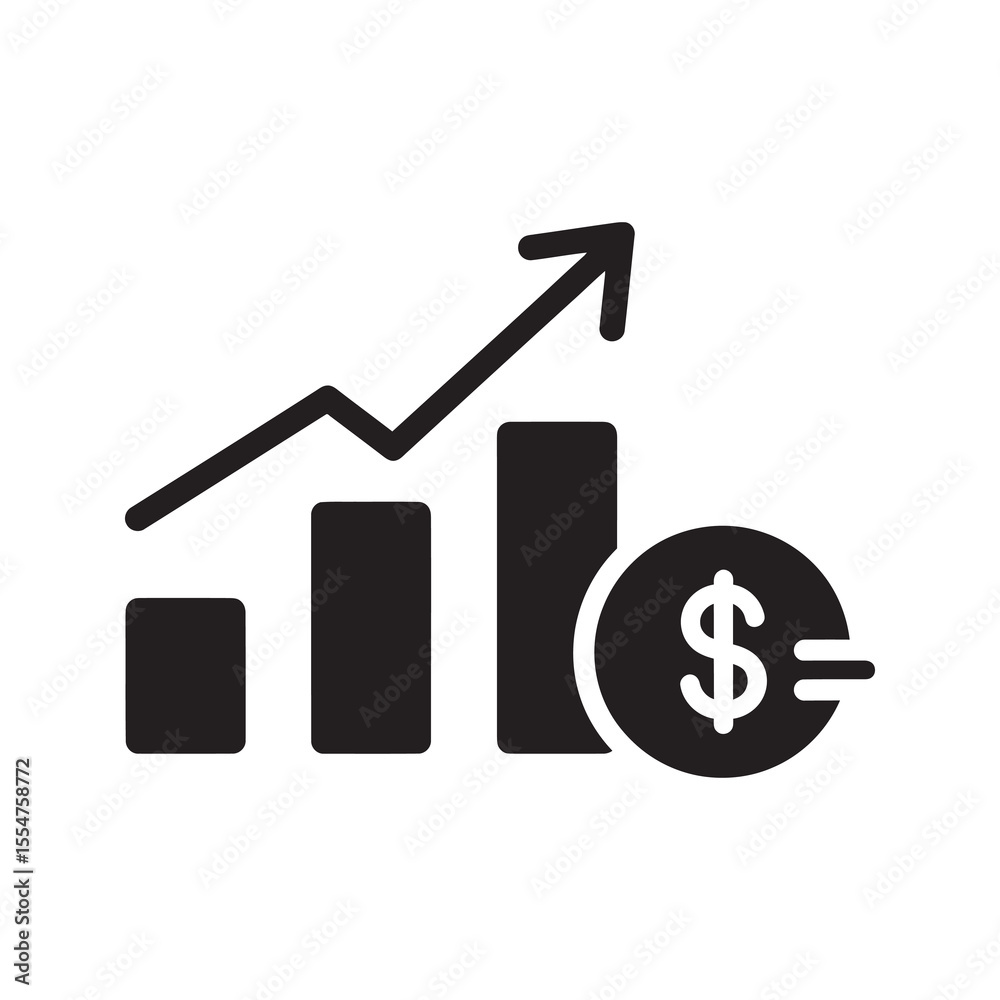 Financial growth icon with a bar chart and ascending arrow line over a coin representing business profit increase market success and investment vector solid glyph icon Financial growth icon with a bar chart and ascending arrow line over a coin representing business profit increase market success and investment vector solid glyph icon