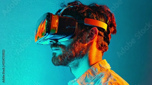 User explores virtual reality with advanced headset in vibrant and immersive tech environment during technology showcase