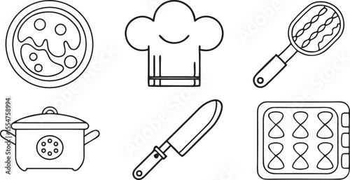 Food Cooking and Kitchen Editable Vector Icons with Frying Pan Chef Hat Knife Spatula Cutting Board and Oven Mitt