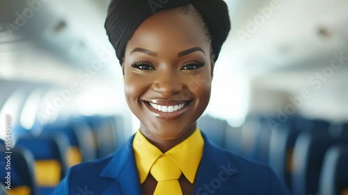 A friendly flight attendant greets passengers with a smile inside an airplane during mid flight