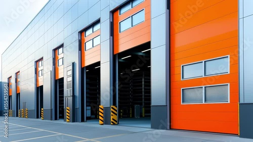 A modern warehouse features striking orange doors set against a sleek metallic facade in an urban environment during daylight